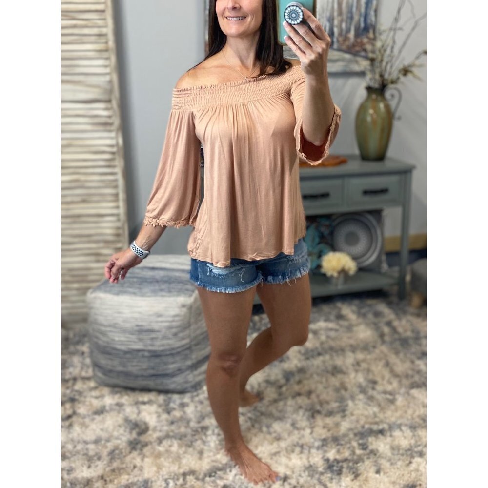 ❤️‍🔥Smocked Off Shoulder Floaty 3/4 Sleeve Peach 0919